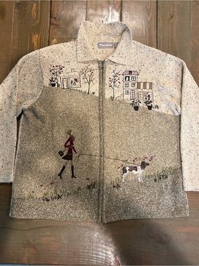 TanJay Beige Knit Zip Front Jacket with Embroidered Village & Dog Motif